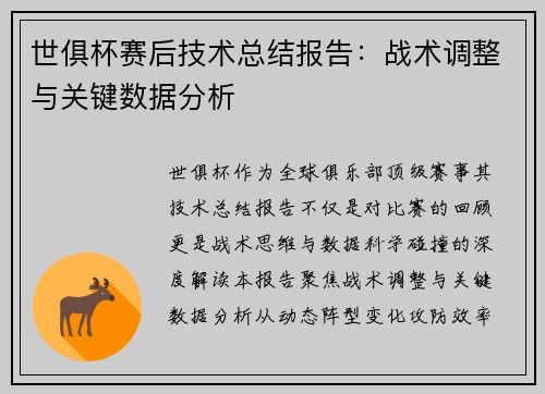 世俱杯赛后技术总结报告：战术调整与关键数据分析